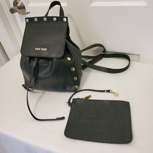 Pop BAG Black Pebble Grain Leather Backpack Top Handle Bag With Pouch